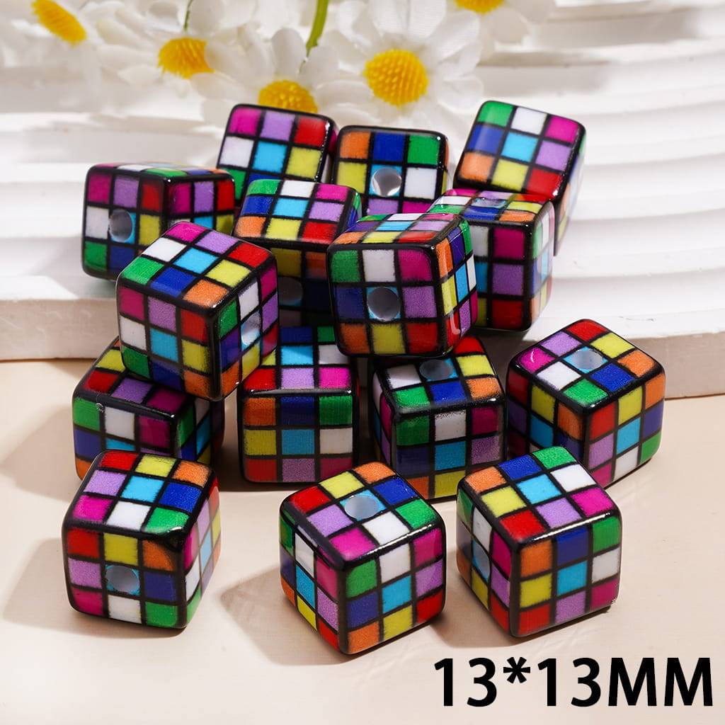 Colorful Rubik's Cube Acrylic Beads, 13*13MM, Cube Square Shape