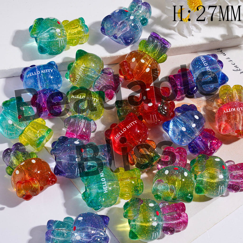 Cute Cat Character with Shimmer Gold Foil Paper Acrylic Beads, Height 27MM, Tri-Color Gradient & Semi-Clear, Random Mix