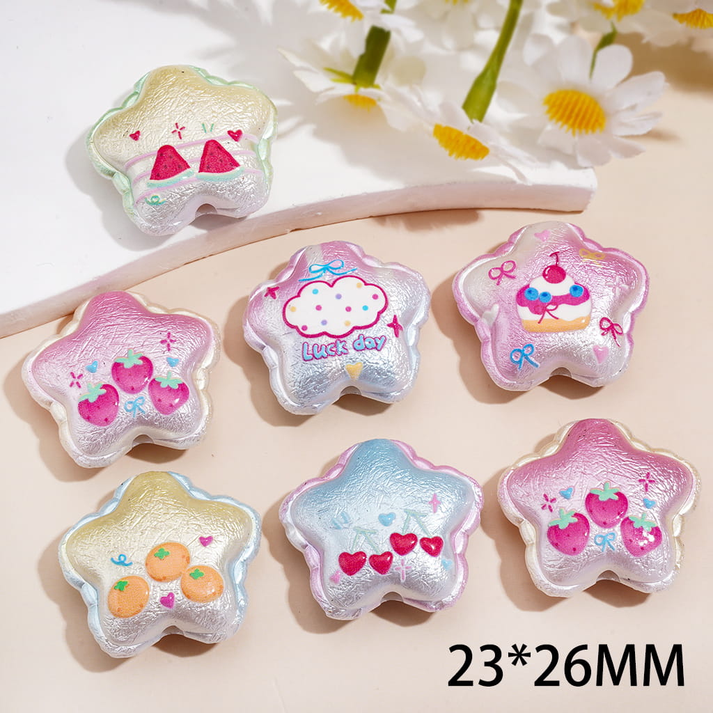 Acrylic Beads Wavy Edged Five Pointed Star with Fruit Patterns, 23*26MM, Random Mix