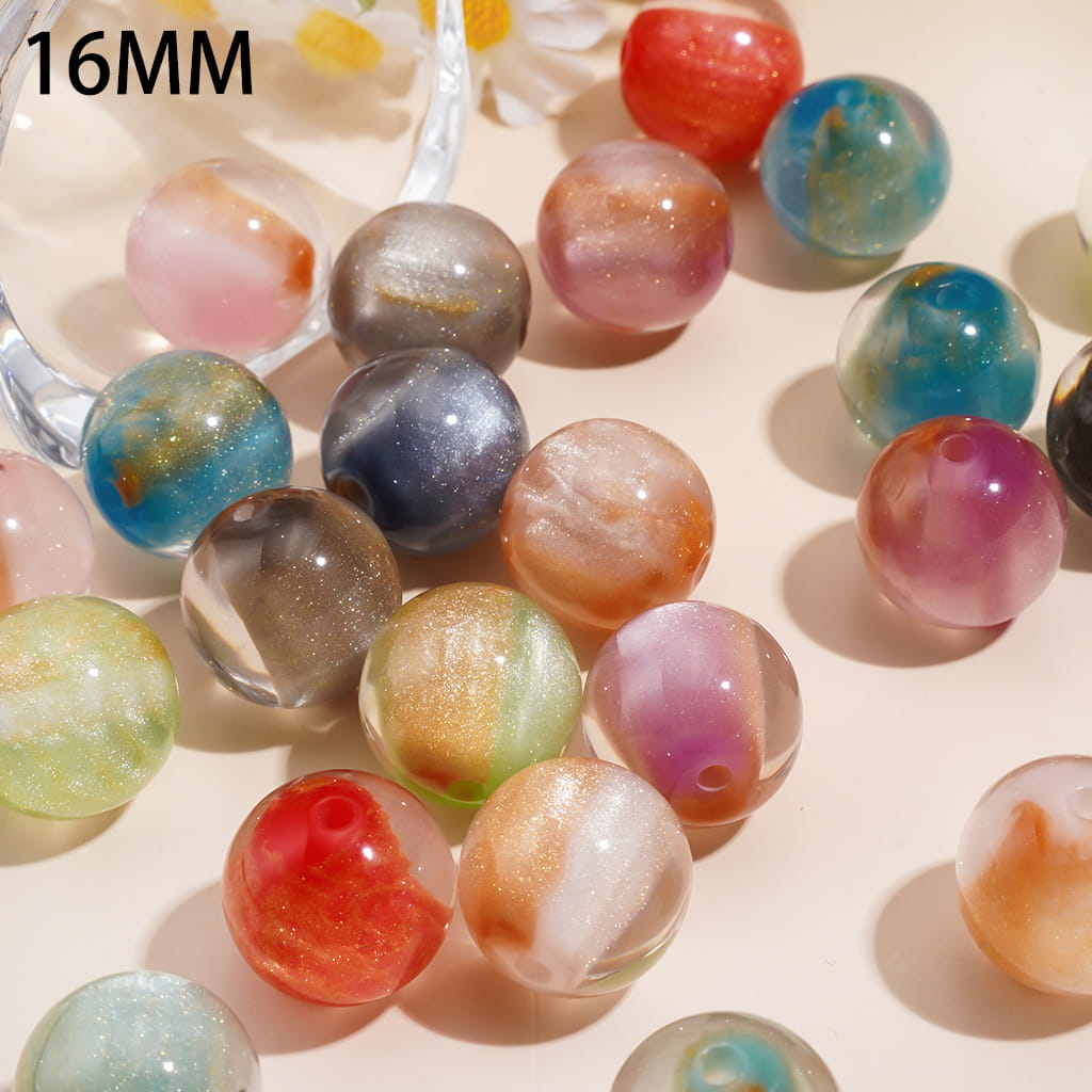 Acrylic Beads for Bracelets with Gold Glitter in Sandy Flow Effect, 16MM, Semi-Clear, Random Mix
