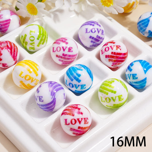 UV Coated Valentine day Theme with Text "LOVE"& Striped Wings Acrylic Beads 16mm Random Mix