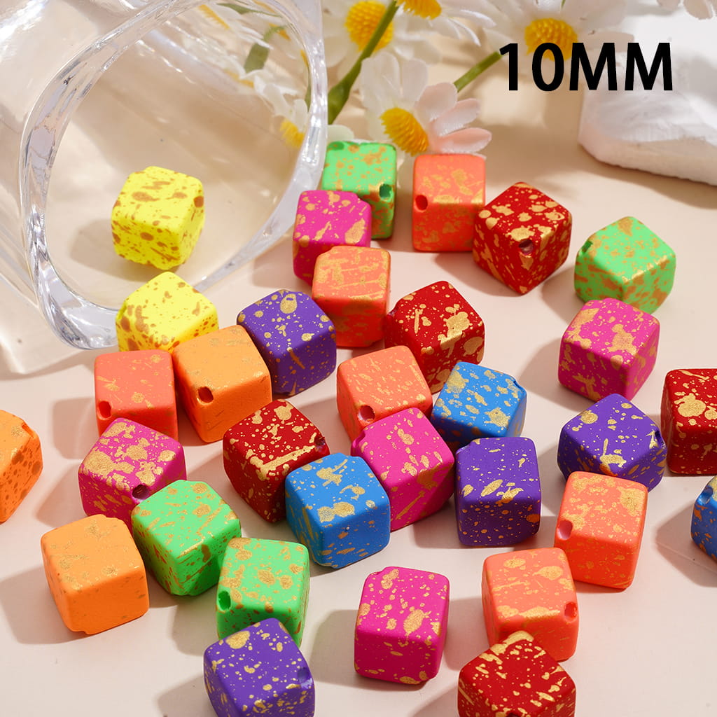 Gold Ink Splash Design Fluorescent Color Cube Square Shape 10MM Acrylic Beads Random Mix