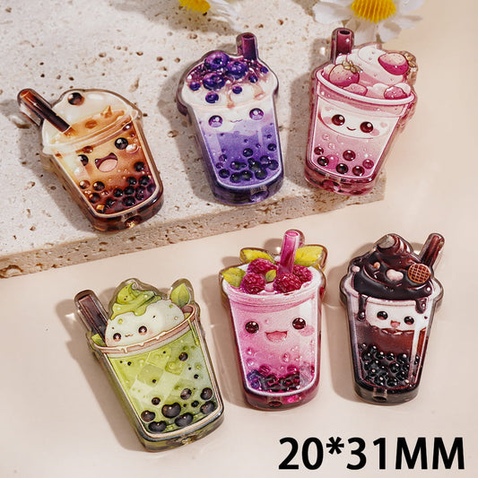Semi Clear Cute Bubble Tea with Fruit Design Acrylic Beads 20*31MM Random Mix