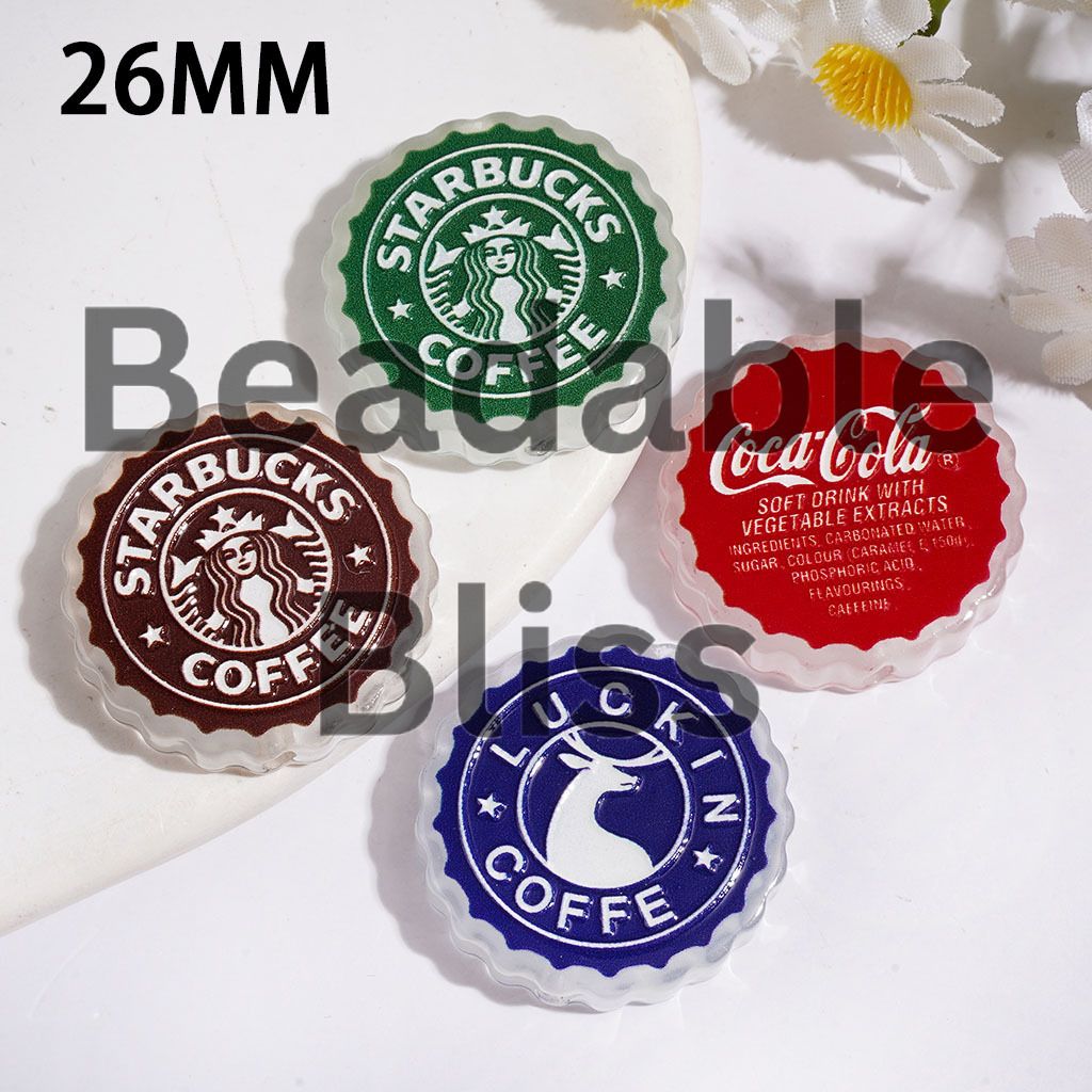 Acrylic Beads with Coffee and Soda Drink Cap, 26MM, Wavy Edged Round Shape, Random Mix