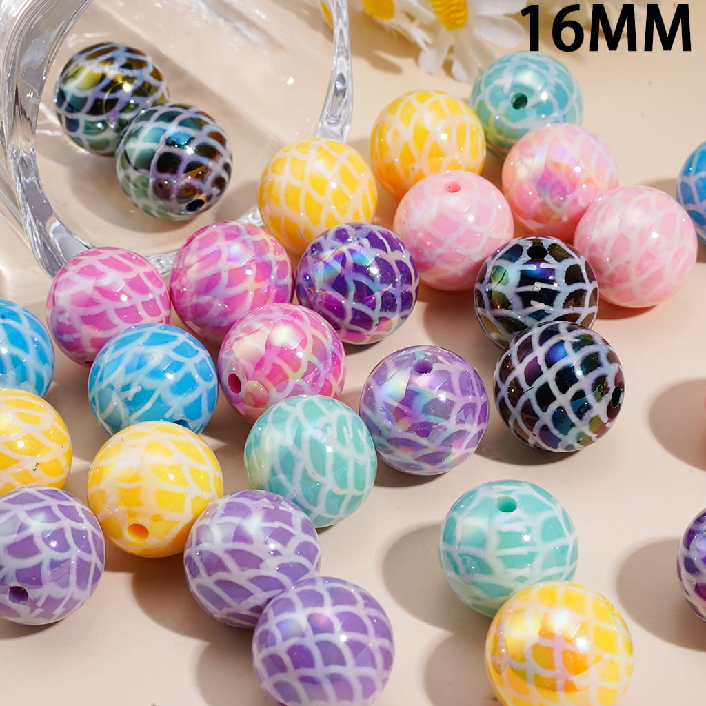 UV Coated Fish Scale Texture Round Shape Acrylic Beads for Bracelets 16MM Random Mix