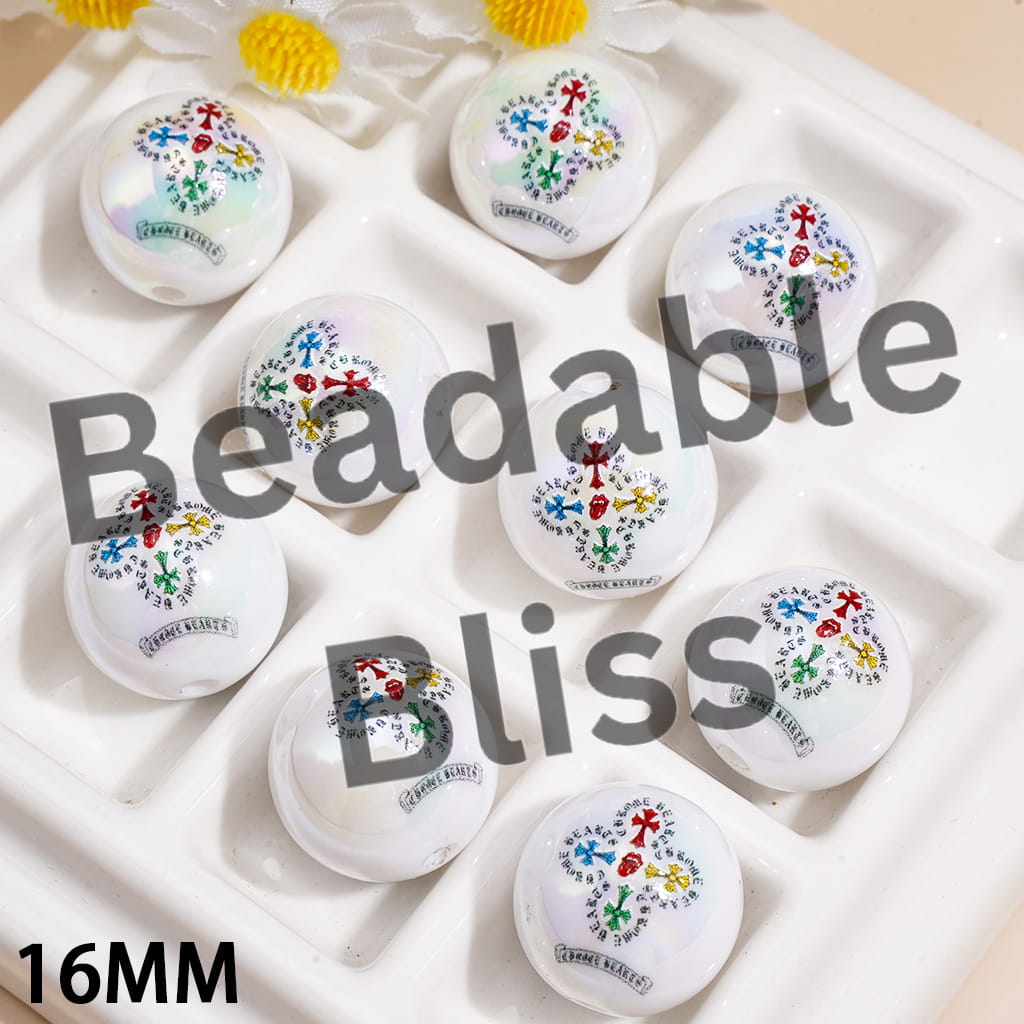 Acrylic Beads for Bracelets with Cross and Red Tongue and Sanskrit, 16MM