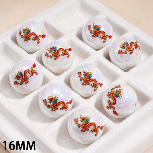 UV Coated Chinese Fortunate Lucky Loong Design Printed Round Acrylic Beads for Bracelets 16MM