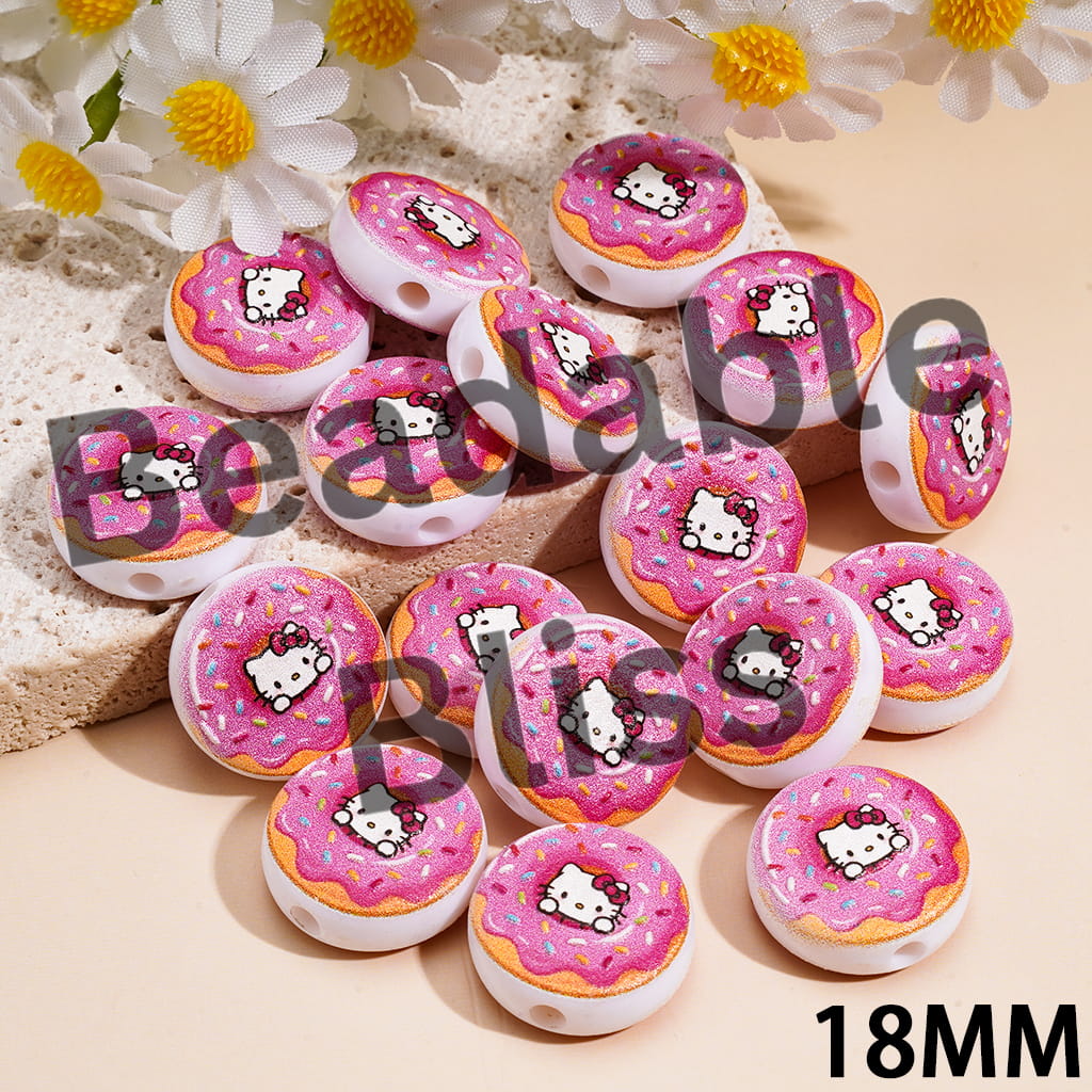 Pink Doughnut Acrylic Beads with Cute Cat Character Prints, 18MM