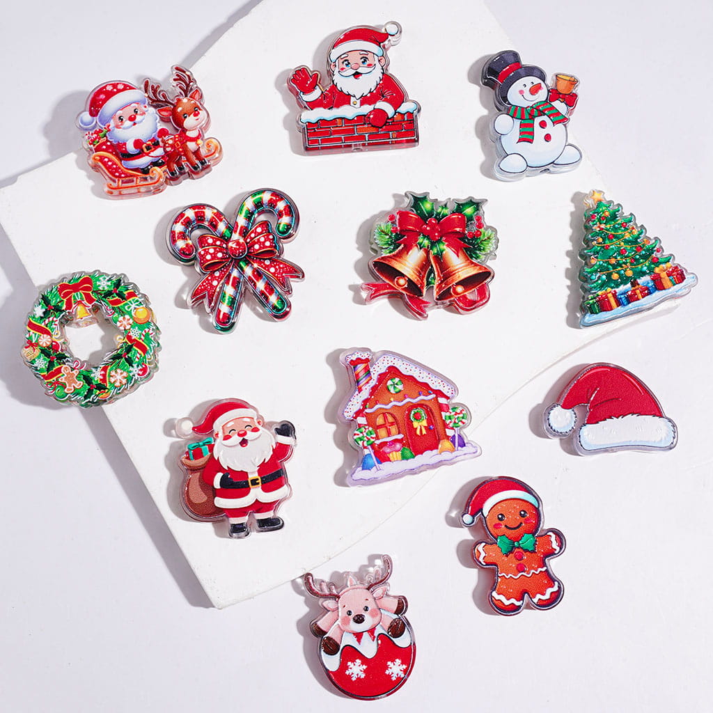 Festive Holiday Santa Claus, Reindeer, Christmas Tree, Snowman, Candy Cane & Gingerbread Man Christmas Theme Acrylic Beads, Random Mix