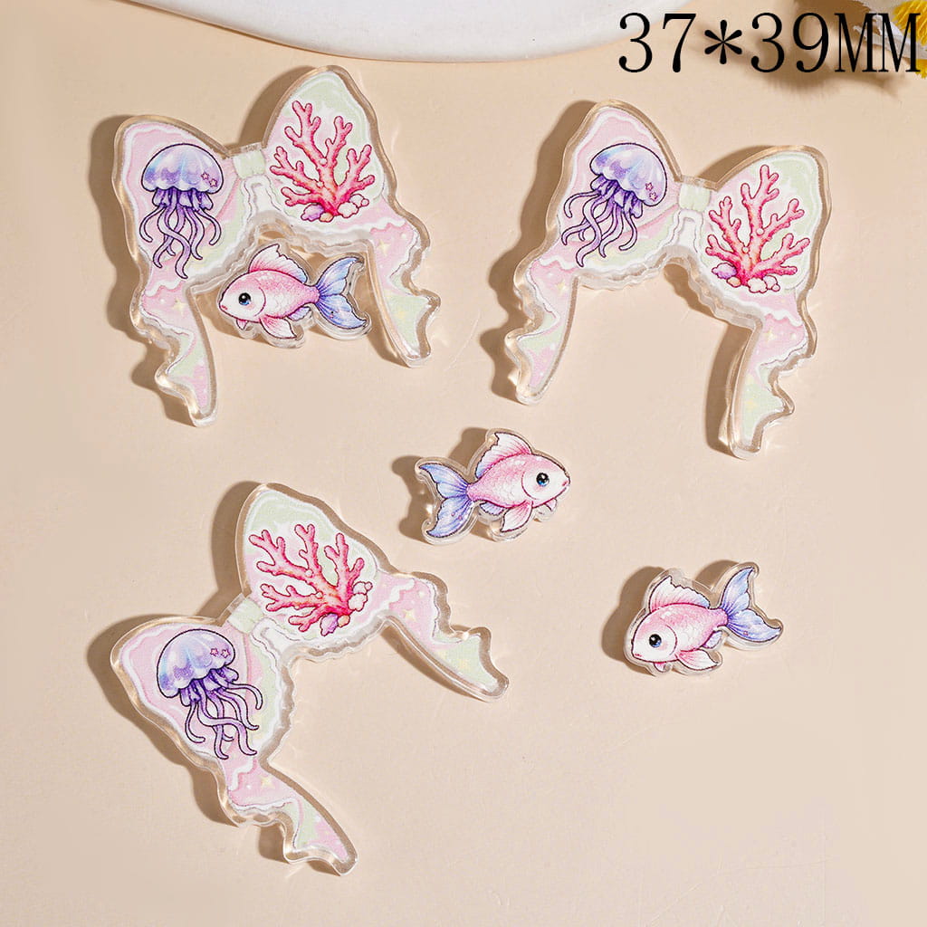 Cute Marine Life Theme Bow Shape Acrylic Beads Mini Small Ornament Piece, 37*39MM, Variant Designs, Random Mix