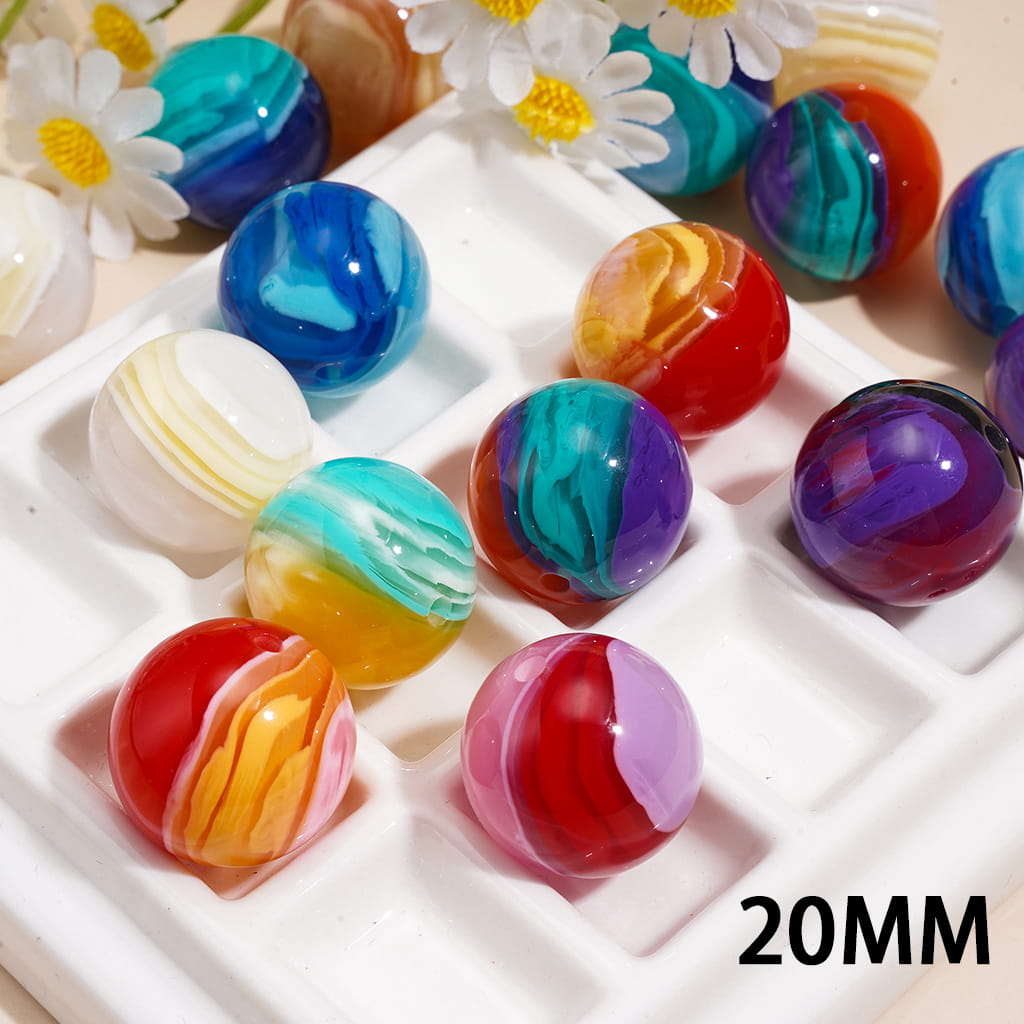 Acrylic Beads for Bracelets w Multi Color Layered Gradient Swirl Design, Glossy Marble Finish, 20MM Random Mix