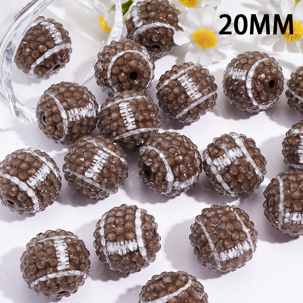 Acrylic Beads w Transparent Rhinestone Rugby Ball Design Round Glossy Finish, 20MM