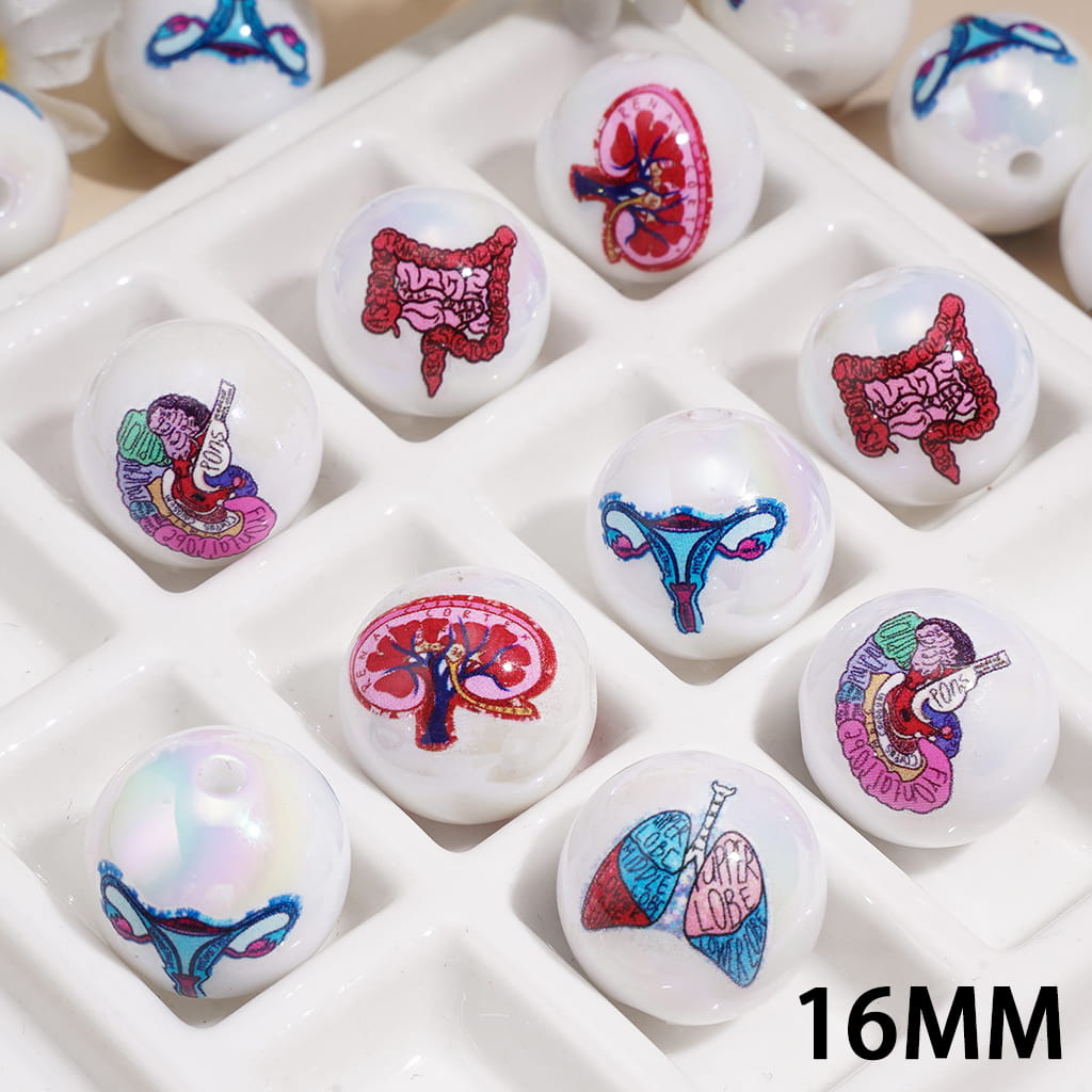 Body Organ Theme UV Coating Acrylic Beads for Bracelets, 16MM, Random Mix