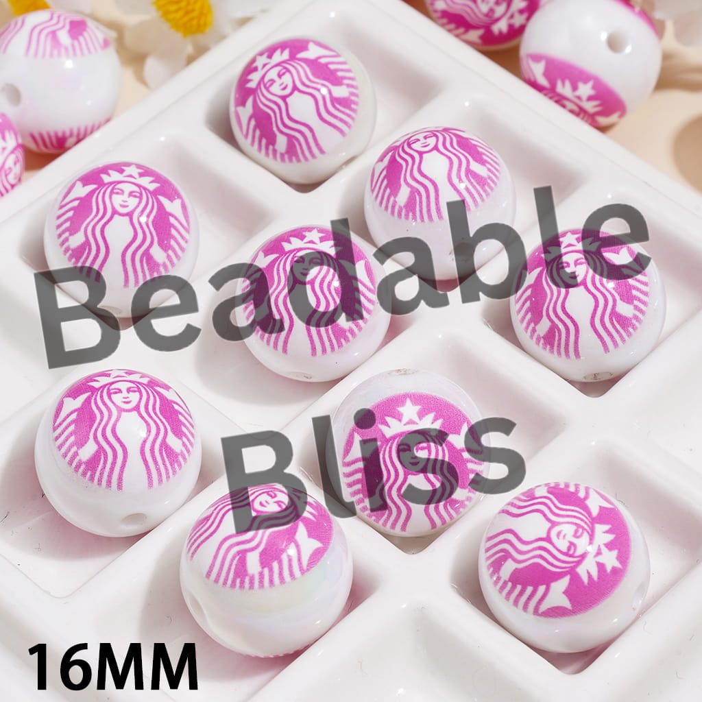 UV Coating Acrylic Beads for Bracelets Pink Coffee Theme, 16MM