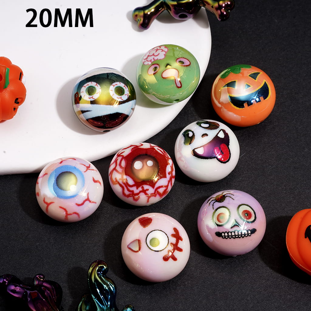 Acrylic Beads Spooky Halloween Theme, Eye Pumpkin Ghost Face Brain, 20MM, Random Mix