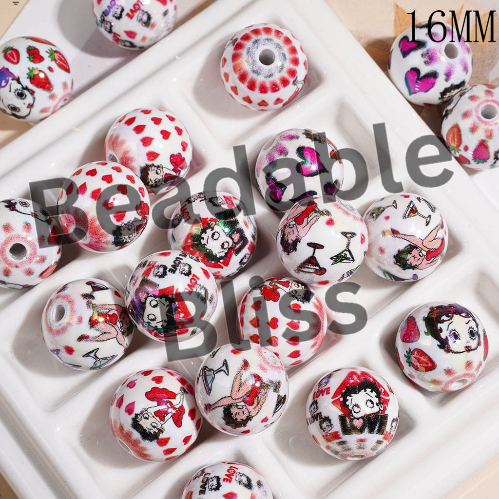 16MM - UV Finish Acrylic Beads for Bracelets and Necklace, Old Girl Character Heart Strawberry in Sweet Style, Random Mix