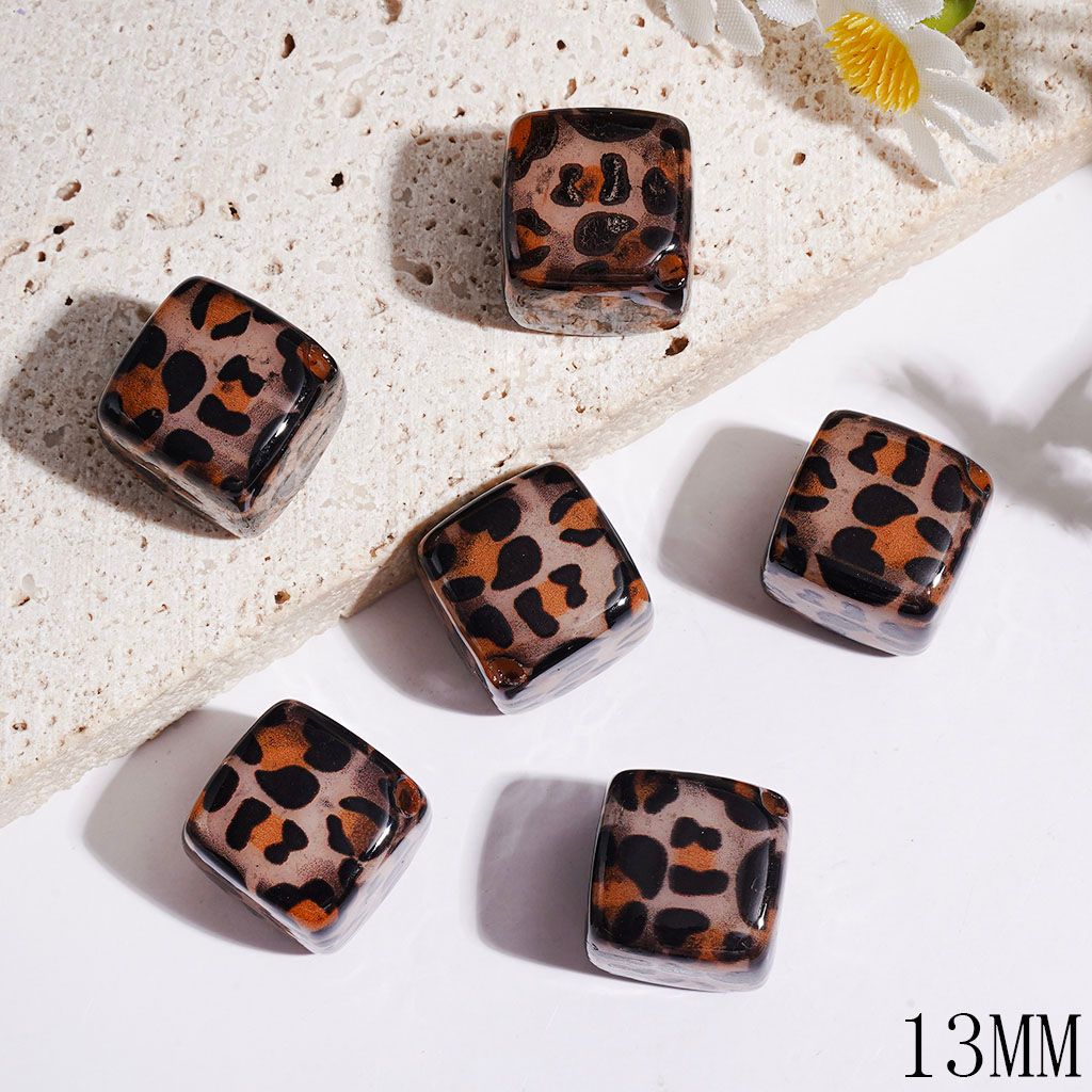 Acrylic Beads Cube Square with Leopard Print, 13MM