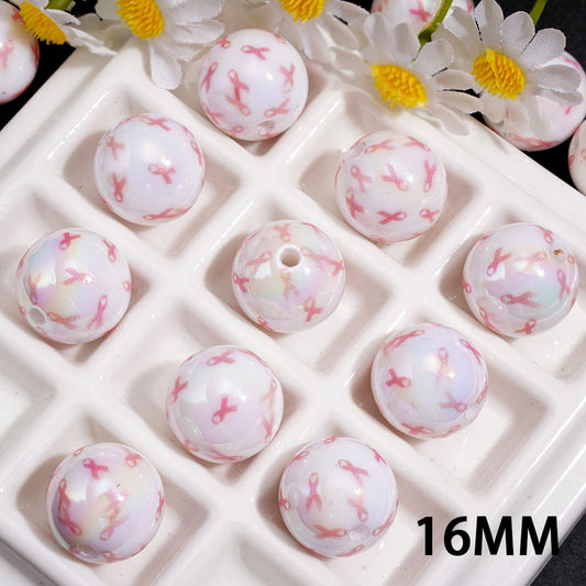 UV Coated Glossy Pink Breast Cancer Awareness Ribbon Printed Round Acrylic Beads for Bracelets, 16MM