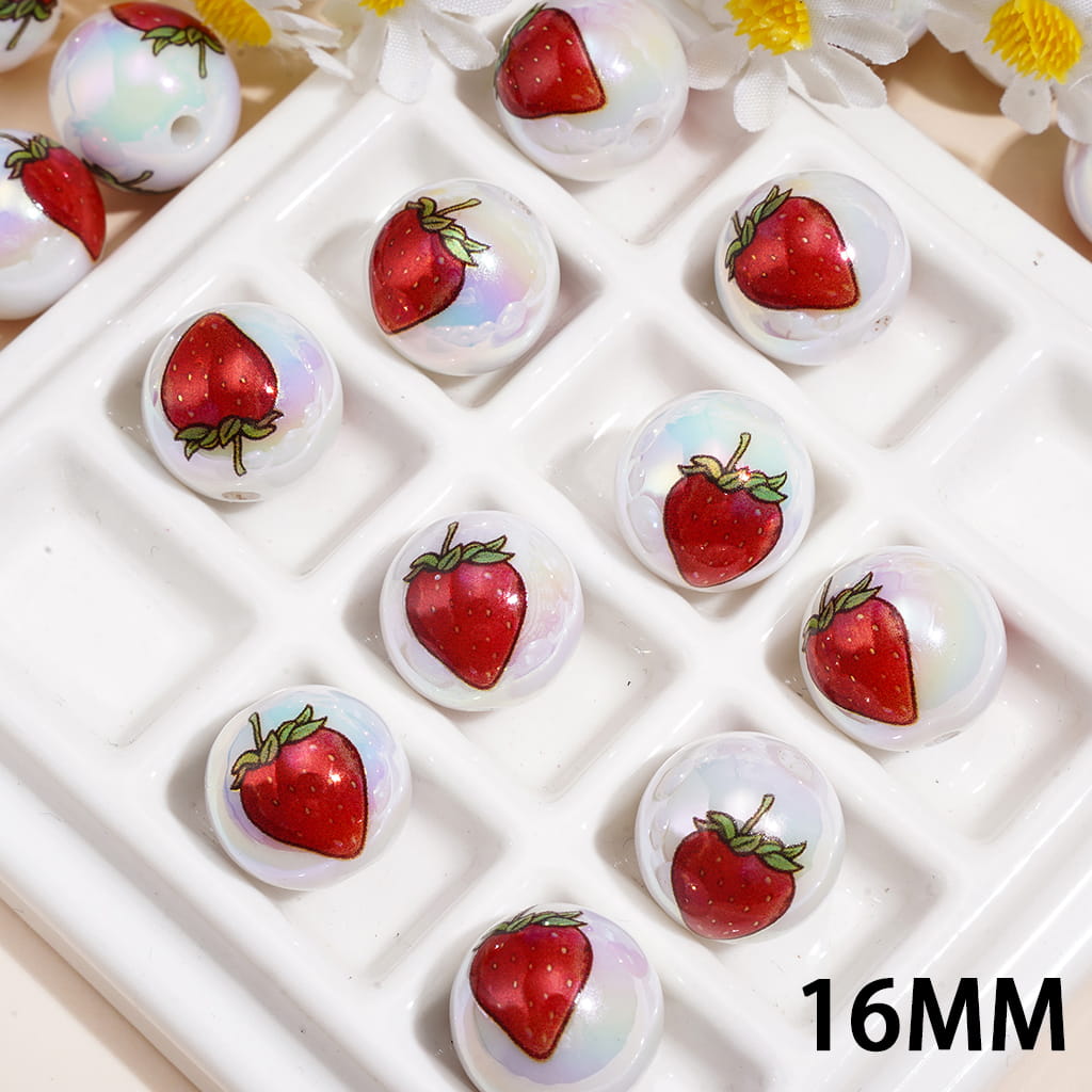 UV Coated Vibrant Red Strawberry with Green Leaves and Yellow Seeds Design Printed Round Acrylic Beads for Bracelets, 16MM, Random Mix