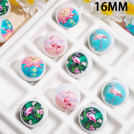 Tropical Pink Flamingo Bird with Sunset and Jungle Leaf Designs, Glossy UV-Coated Round Acrylic Beads for Bracelets, 16MM, Random Mix
