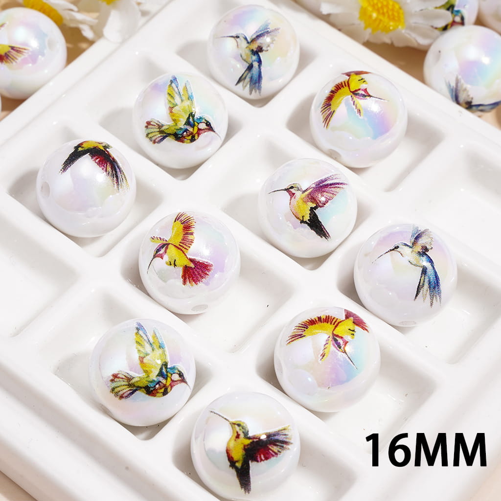 Adorable Hummingbird Theme UV Coated Glossy Printed Round Acrylic Beads for Bracelets, 16MM, Random Mix