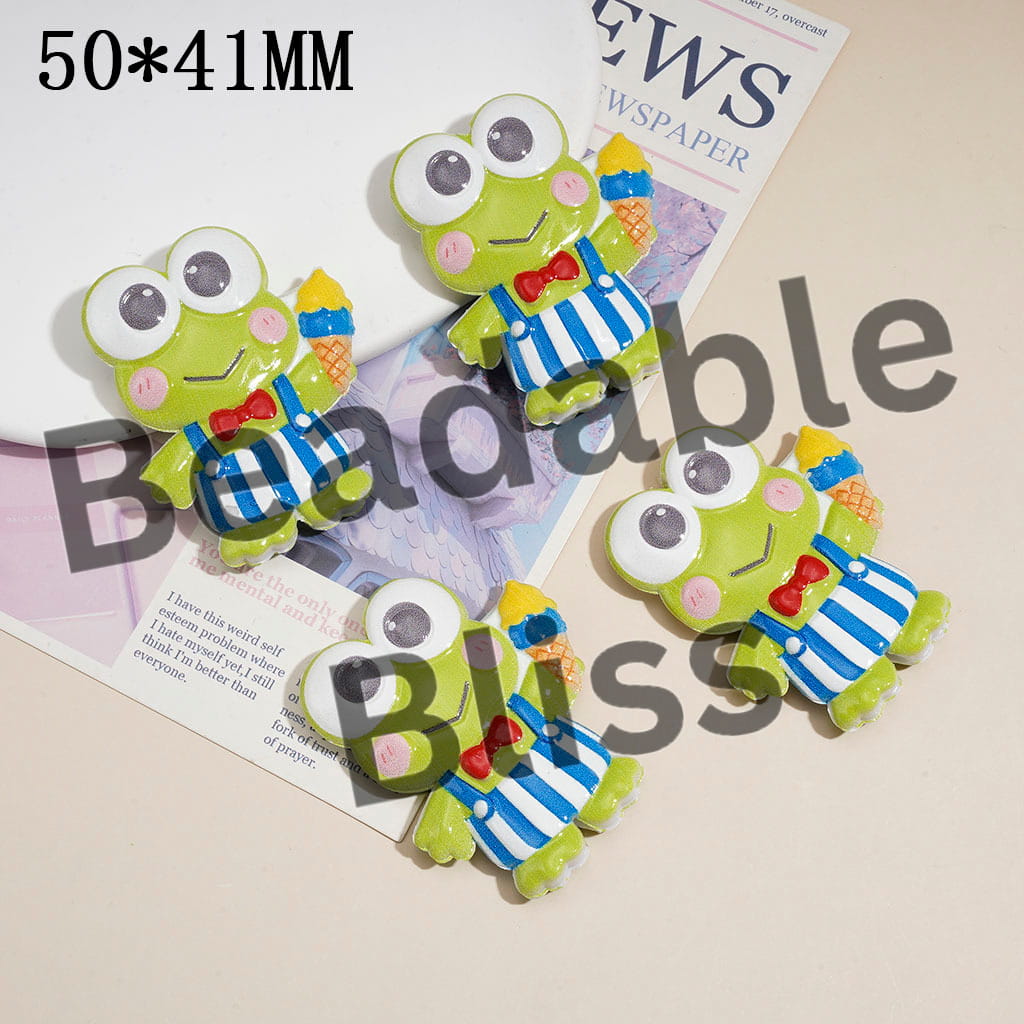 Cute Big-Eyed Frog Character with Red bow Holding yellow ice cream Raised Pattern Acrylic Beads, 50*41MM
