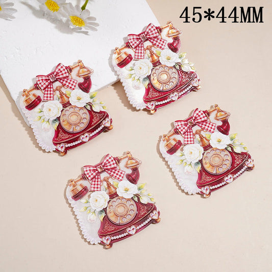 Vintage Rotary Telephone Design with Red Gingham Bow and White Floral Accents Acrylic Charm Pendants, 45*44MM