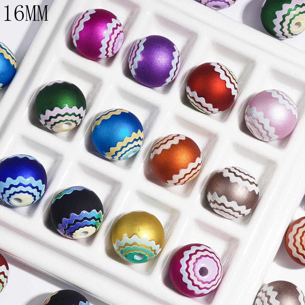 Elegant Matte Frosted & Traditional Wavy Stripe Designs Printed Round Acrylic Beads for Bracelets, 16MM, Multicolor, Random Mix