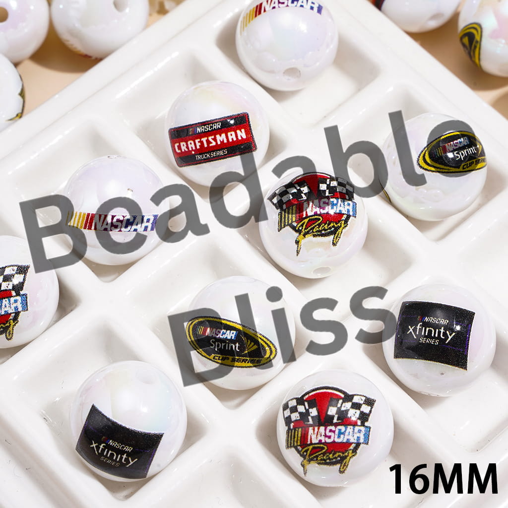 Acrylic Beads for Bracelets UV Coating w American Racing Sports Car Series, 16MM, Random Mix