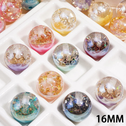 Sparkling Glitter Flakes, Gold Foil Accents and Crown Patterns Embedded Inside Transparent Round Acrylic Beads for Bracelet, 16MM, Random Mix