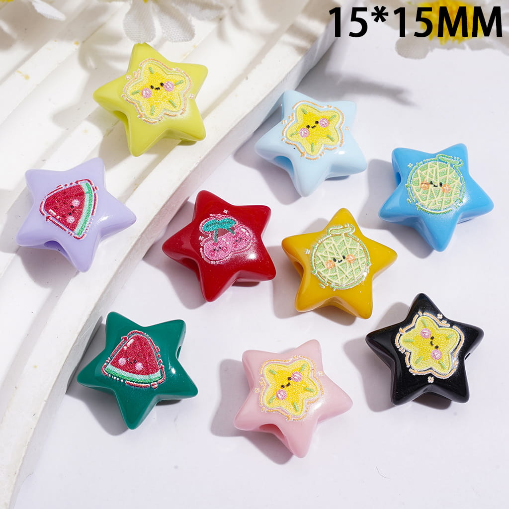Acrylic Beads Star Shape with Cute Fruit & Smiley Face Prints, 15*15MM, Random Mix