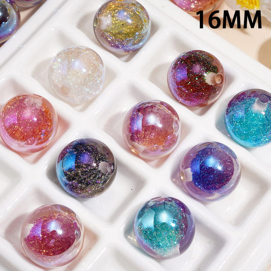 UV Coated Dreamy Lotus Flower Bud Design, Glitter Embedded Center, Round Shape, Acrylic Beads for Bracelets, 16MM, Random Mix