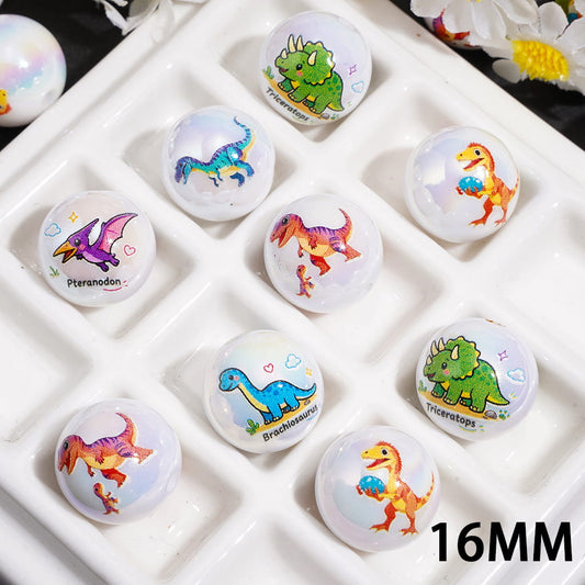 UV Coated Cute Mini Cartoon Dinosaur Print Design, Round Shape, Acrylic Beads for Bracelets, 16MM, Random Mix
