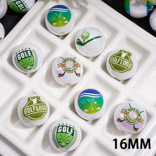 UV Coated Golf Sports Theme Printed Round Shape, Acrylic Beads for Bracelets, 16MM, Assorted Styles, Random Mix