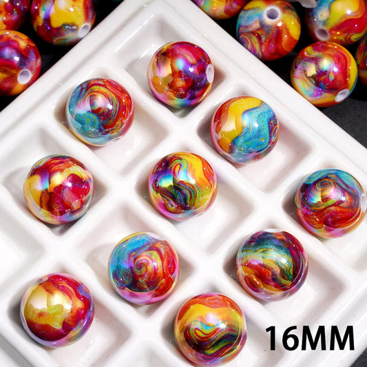 UV Coated Colorful Wavy Swirl Design, Round Shape, Acrylic Beads for Bracelets, 16MM, Assorted Colors, Random Mix