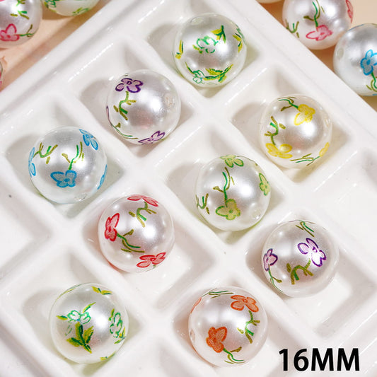Colorful Flower Printed Round Shape Pearl Acrylic Beads for Bracelets,16MM, Random Mix