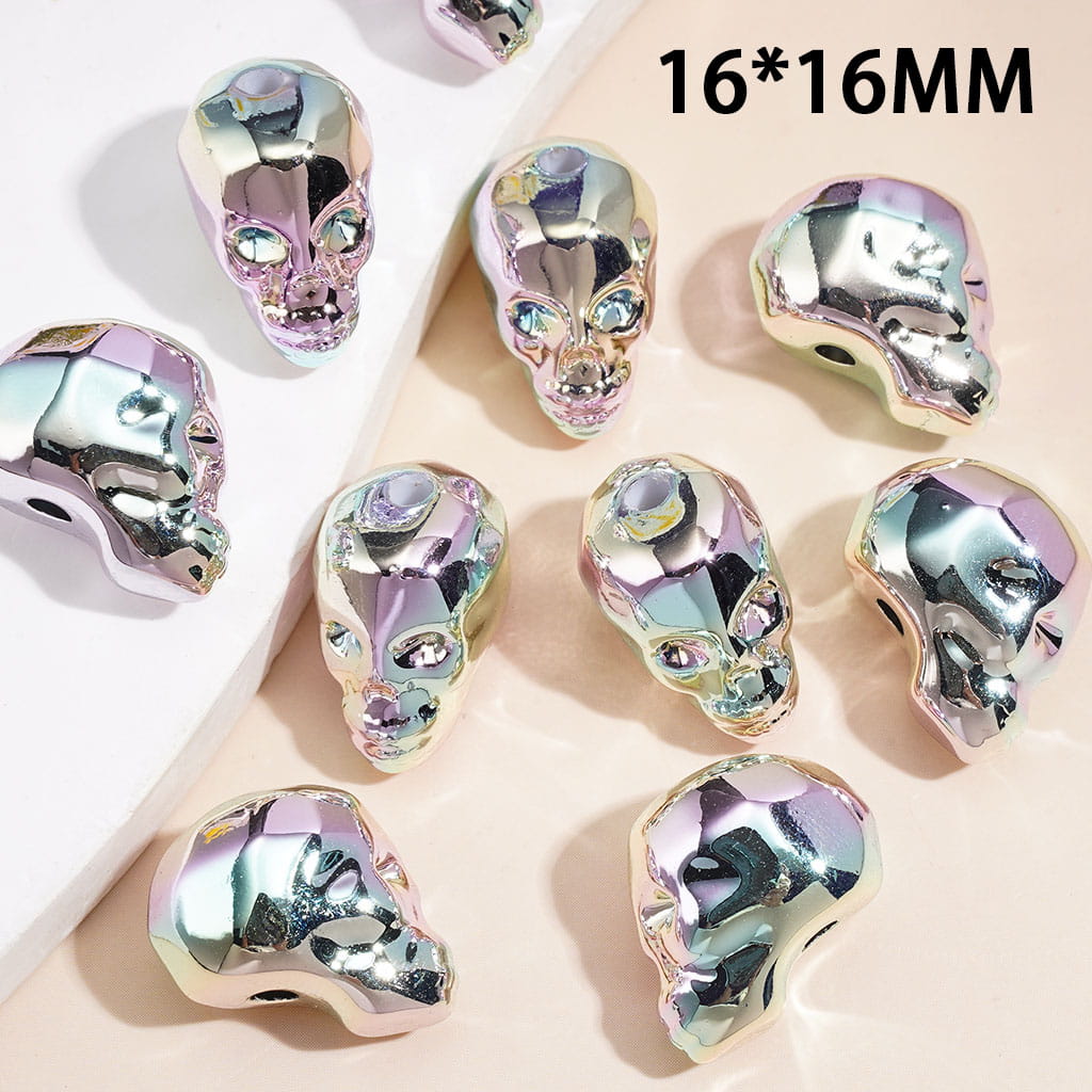 Laser Galaxy Iridescent Holographic Metallic Silver Color Skull Head Acrylic Beads, Halloween Theme, 16*16MM