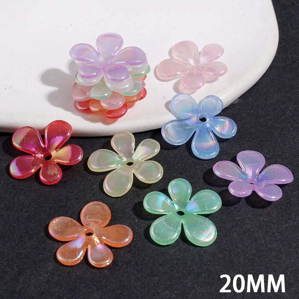UV-Coated Five Petaled Flower Acrylic Spacers Beads, 20MM, Multi-Color, Random Mix