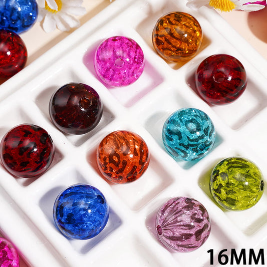 Transparent Crackle Round Acrylic Beads for Bracelets, with Leopard Print, Multi-Color 16MM Random Mix