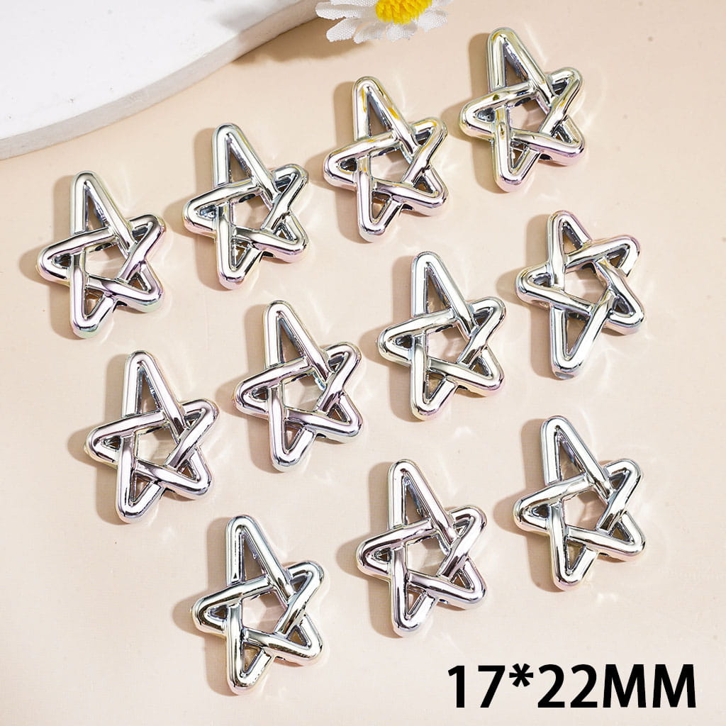 Silver Hollow Star Acrylic Beads, Metallic Laser Galaxy Iridescent Holographic Finish, 17×22MM