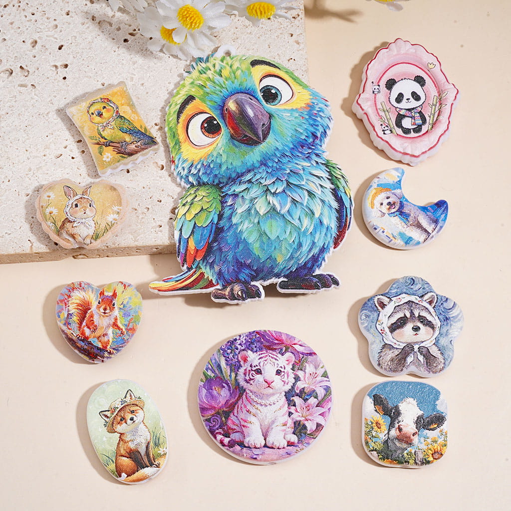 Beautiful Bird Panda Cow Bunny Raccoon Tiger Squirrel Painting Acrylic Beads Pendants, Animal Series, Random Mix