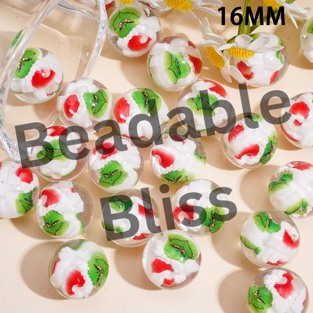 Acrylic Beads for Bracelets with Christmas Green Character Embedded Inside, 16MM