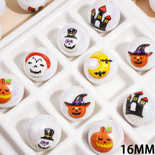 Halloween Pumpkin, Ghost, Haunted House & Moon Printed Round Acrylic Beads for Bracelets, Pearl White, 16MM, Random Mix
