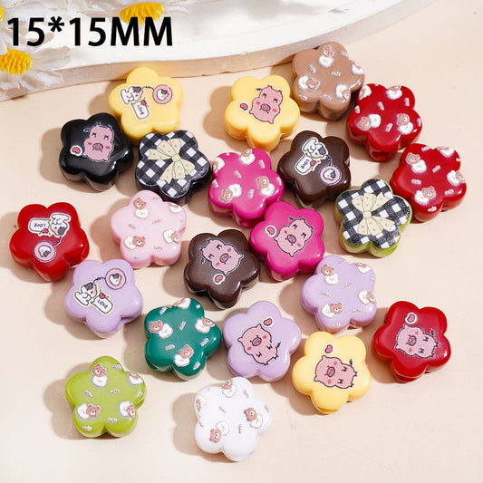 Flower-Shaped Acrylic Beads with Cute Pig, Bear & Love Print, Various Styles, 15*15MM, Random Mix