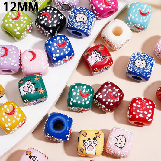 Cute Cat, Paw Print & Moon Large Hole Cube Square Shape Acrylic Beads, 12MM, Various Styles, Random Mix