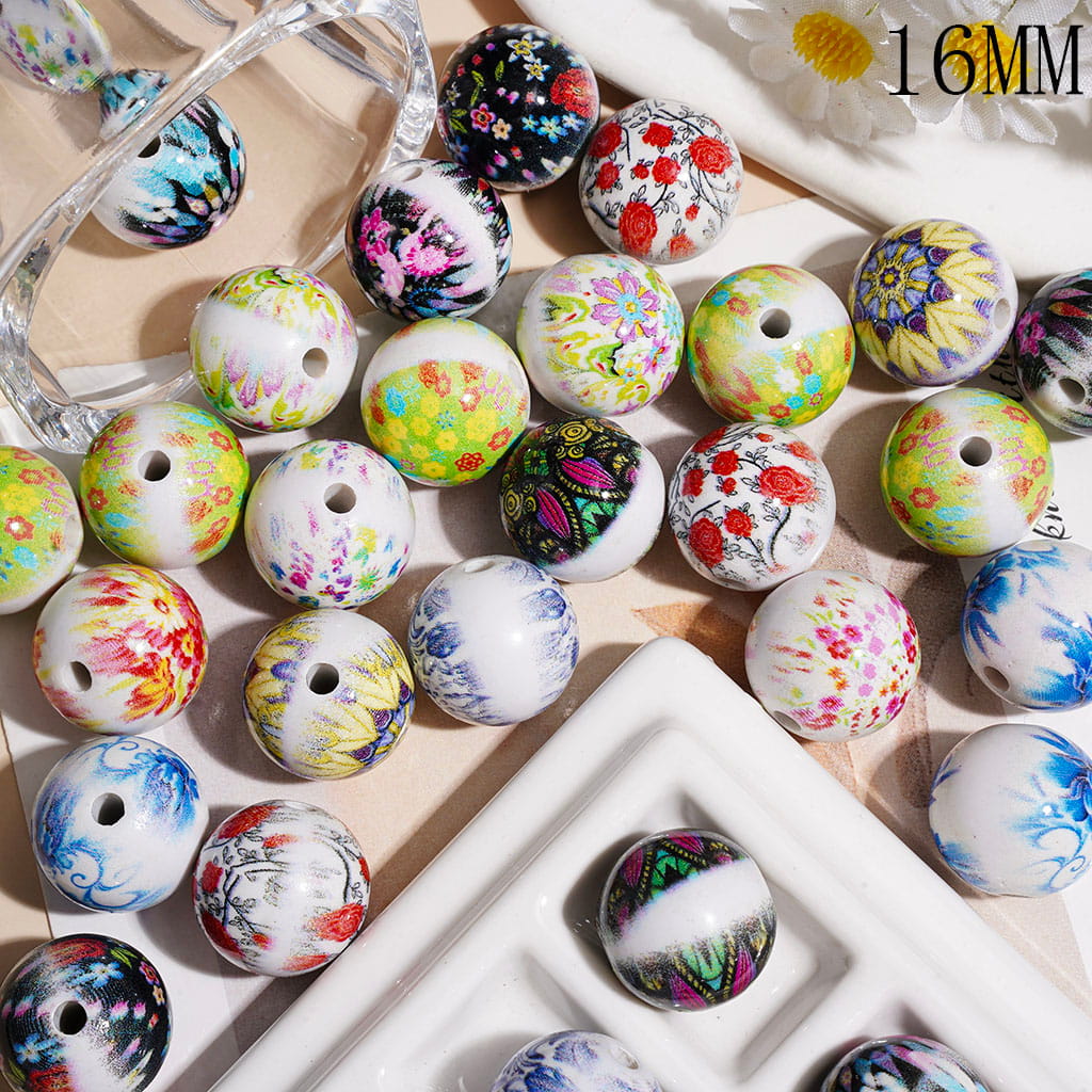 Vintage Chinese-Inspired Flower & Star Print Acrylic Beads for Bracelets, Traditional Pattern Design, 16MM, Multicolor, Random Mix