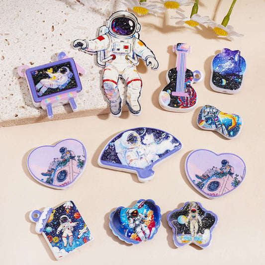 Astronaut Spaceman Galaxy Theme Printed Acrylic Beads, Assorted Shapes, Random Mix