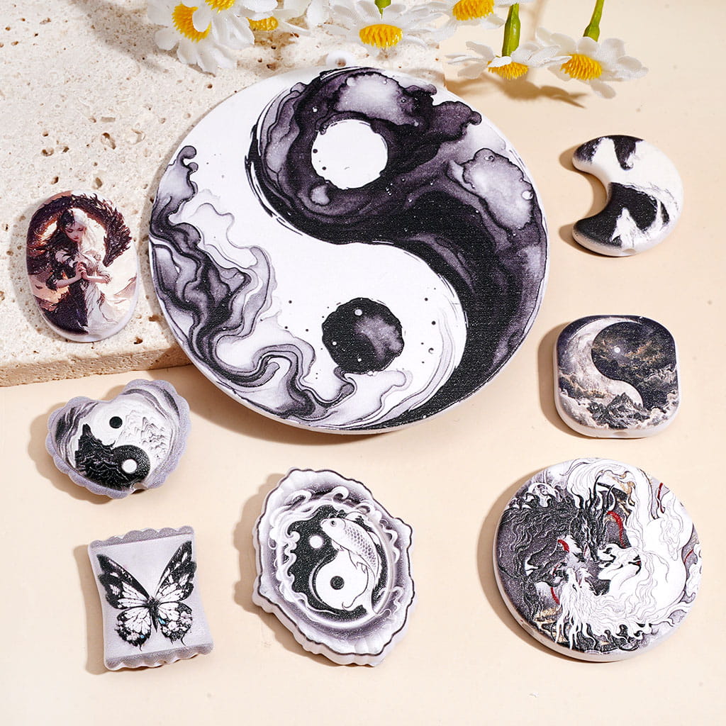Chinese Yin-Yang Taiji Series Acrylic Beads Pendants, Random Mix