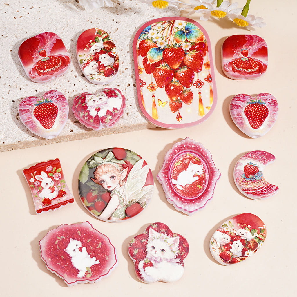 Red Strawberry Rabbit Elf Cat Series Acrylic Beads Pendants, Random Mix