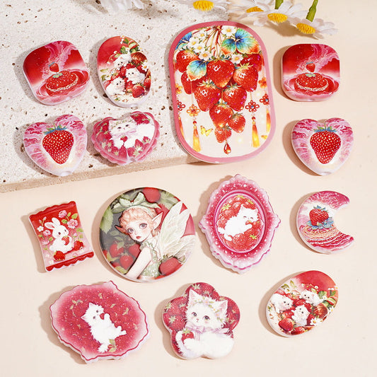 Cute Red Strawberry Rabbit, Elf & Cat Series Printed Acrylic Beads, Assorted Shapes, Random Mix